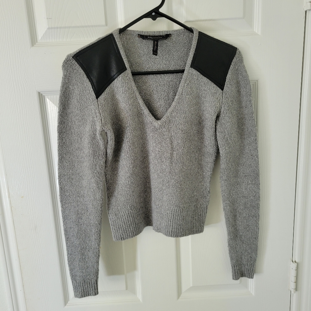 BCBG Maxazria V Neck Sweater with Leather Shoulder pads